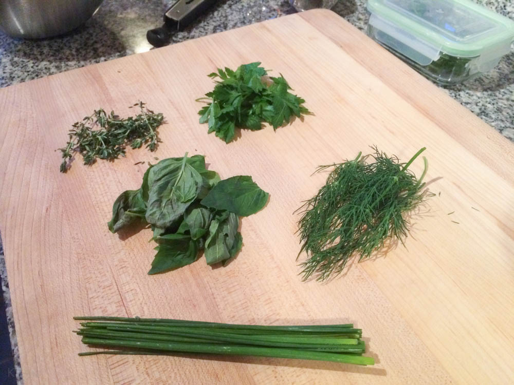 Herbs assembled for chopping